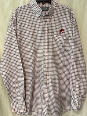 Southern Collegiate Button-Down Shirt - White & Burgundy Plaid with elephant.